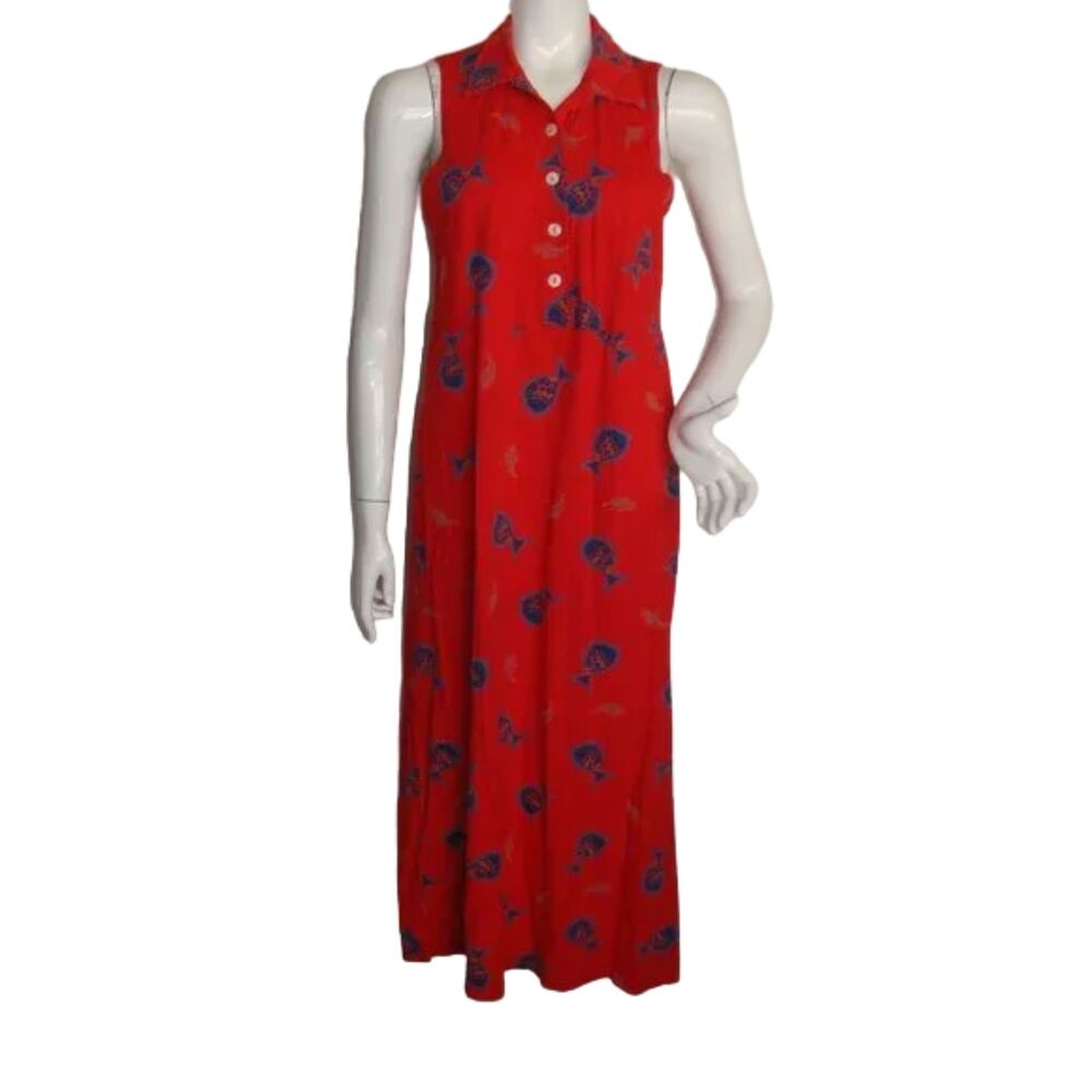 ZIP CODE Dress, M, Red, Fish print, Collared, Long/Maxi/Midi, Pull over